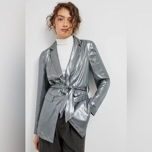 NWT Anthropologie Maeve Zara Metallic Silver Belted Blazer Size 14